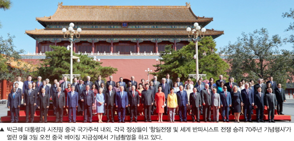 박근혜 대통령과 시진핑 중국 국가주석 내외, 각국 정상들이 ‘항일전쟁 및 세계 반파시스트 전쟁 승리 70주년 기념행사’가 열린 3일 오전 중국 베이징 자금성에서 기념촬영을 하고 있다.