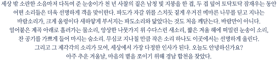 세상 밖 소란한 소음마저 다독여 준 눈송이가 천 년 사찰의 짙은 남청 빛 지붕을 한 겹, 두 겹 덮어 토닥토닥 잠재우는 동안 어떤 소리들은 더욱 선명하게 객을 맞이한다. 파도가 자갈 위를 스치듯 짙게 우거진 메마른 나무를 딛고 지나는 바람소리가, 크게 울렁이다 새하얗게 부서지는 파도소리와 닮았다는 것도 처음 깨닫는다. 바람만이 아니다. 얼어붙은 계곡 아래로 흘러가는 물소리, 앙상한 나뭇가지 위 수다스런 새소리, 짧은 겨울 해에 떠밀린 눈송이 소리, 찬 공기를 가쁘게 들어 마시는 숨소리. 무심코 지나칠 만큼 작은 소리 하나도 이곳에서는 선명하게 울린다. 그리고 그 제각각의 소리가 모여, 세상에서 가장 다정한 인사가 된다. 오늘도 안녕하신가요? 아주 추운 겨울날, 마음의 볕을 쪼이기 위해 경남 합천을 찾았다. 