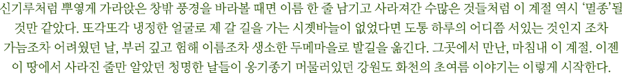 신기루처럼 뿌옇게 가라앉은 창밖 풍경을 바라볼 때면 이름 한 줄 남기고 사라져간 수많은 것들처럼 이 계절 역시 ‘멸종’될 것만 같았다. 또각또각 냉정한 얼굴로 제 갈 길을 가는 시곗바늘이 없었다면 도통 하루의 어디쯤 서있는 것인지 조차 가늠조차 어려웠던 날, 부러 깊고 험해 이름조차 생소한 두메마을로 발길을 옮긴다. 그곳에서 만난, 마침내 이 계절. 이젠 이 땅에서 사라진 줄만 알았던 청명한 날들이 옹기종기 머물러있던 강원도 화천의 초여름 이야기는 이렇게 시작한다.