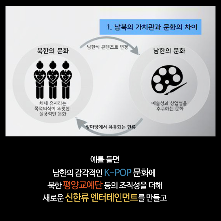 예를 들면 남한의 감각적인 K-POP 문화에 북한 평양교예단 등의 조직성을 더해 새로운 신한류 엔터테인먼트를 만들고